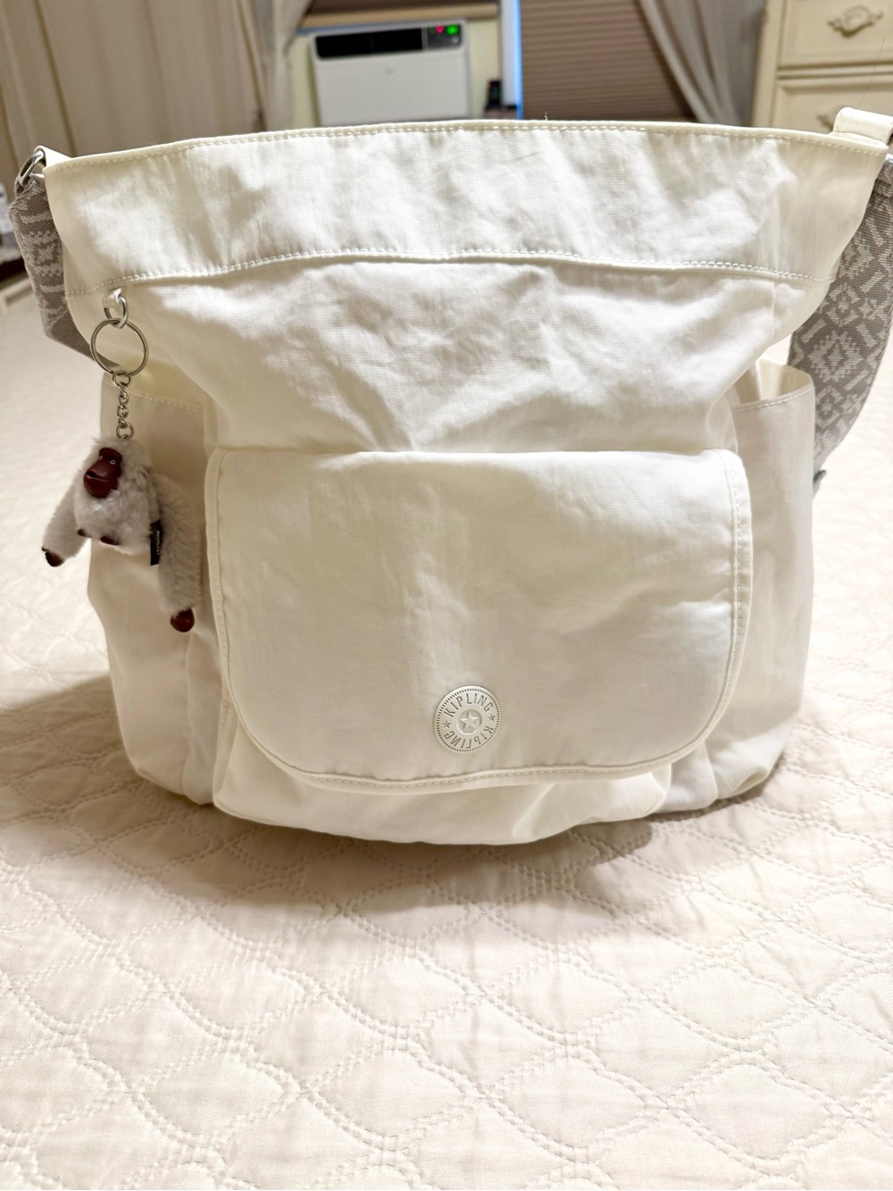 Kipling White Nylon Shoulder Tote with Monkey Keychain